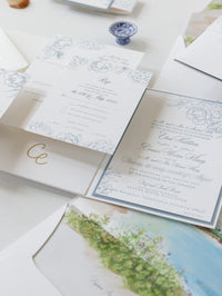 Luxury Pocket Laguna Beach Wedding Invitations, Californie en bleu poussiéreux | Commission sur mesure C&E