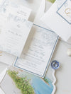 Inviti di nozze di Laguna Beach, California, in blu polvere | Commissione su misura C&amp;E