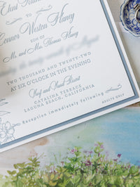 Luxury Pocket Laguna Beach Wedding Invitations, Californie en bleu poussiéreux | Commission sur mesure C&E