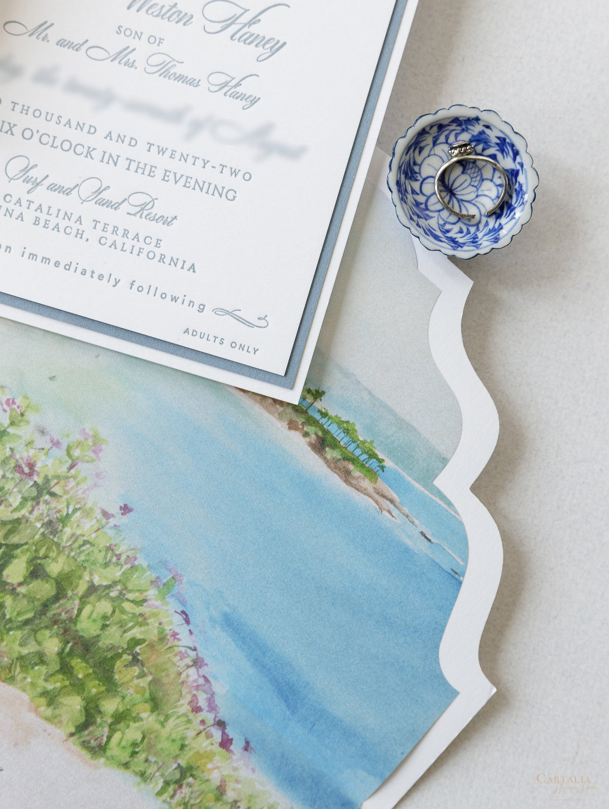 Luxury Pocket Laguna Beach Wedding Invitations, Californie en bleu poussiéreux | Commission sur mesure C&E