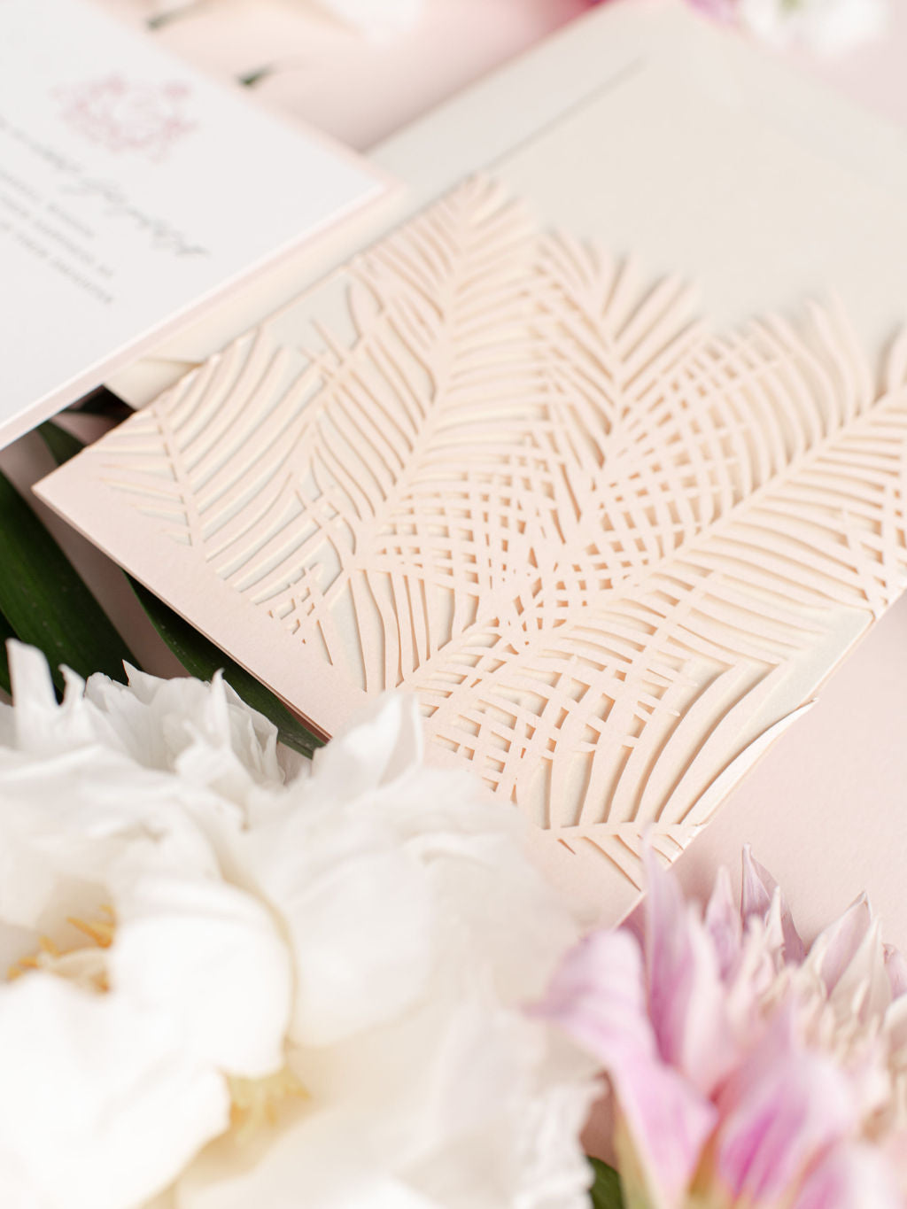 Luxury Tropicana A Palm Tree Wrap Laser Cut Leaves with RSVP + Reception Suite Invitation