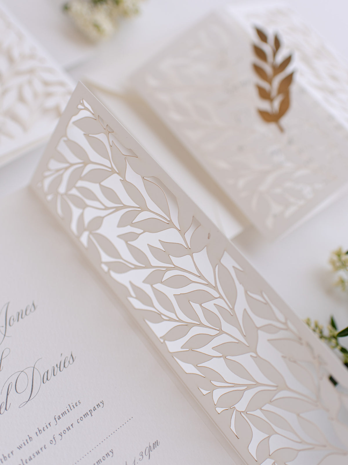 Classically Ivory Arch Gatefold with Intricate Laser Cut Leaf and Gold Foil Lace Day Invitation