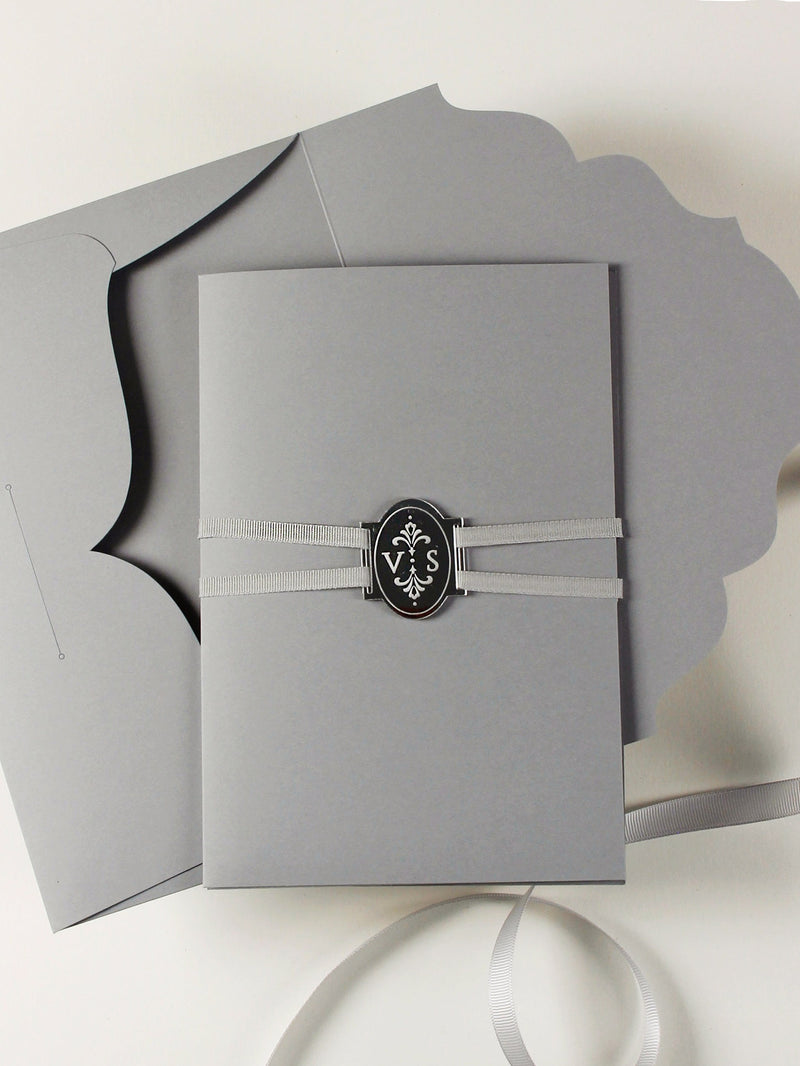 Luxury 710gsm Letterpress Folder Pocket Invitation Suite with Mirror Tag and Bow Tied Ribbon