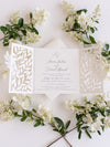 Classic Gatefold with Intricate Laser Cut Leaf and Gold Foil Lace Evening Invitation
