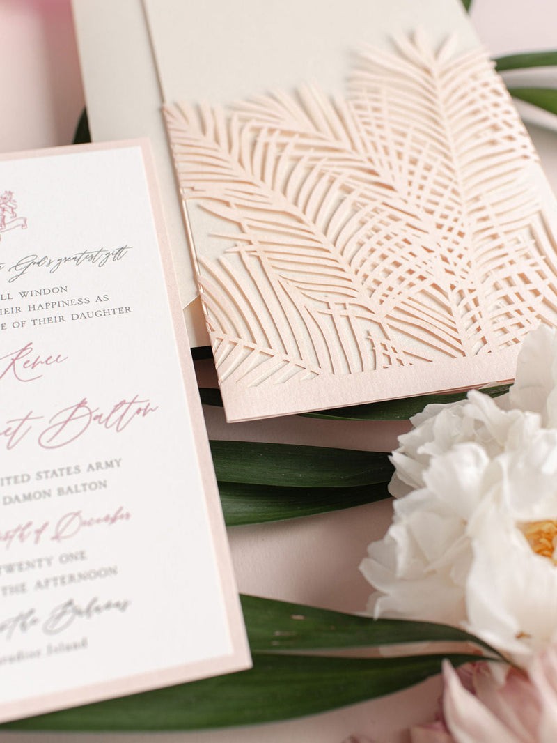 Luxury Tropicana A Palm Tree Wrap Laser Cut Leaves with Rsvp + Reception Suite Invitation