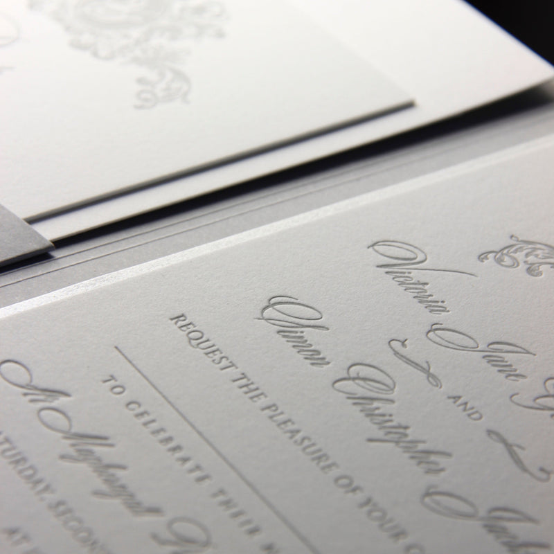 Luxury Letterpress 710 gsm Grey Pocket fold Wedding Invitation Suite