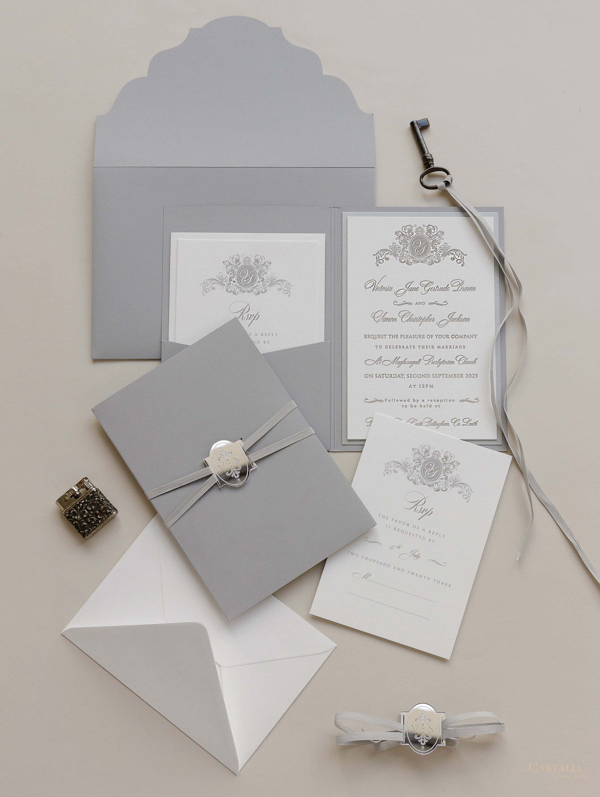 Luxury 710gsm Letterpress Folder Pocket Invitation Suite with Mirror Tag and Bow Tied Ribbon