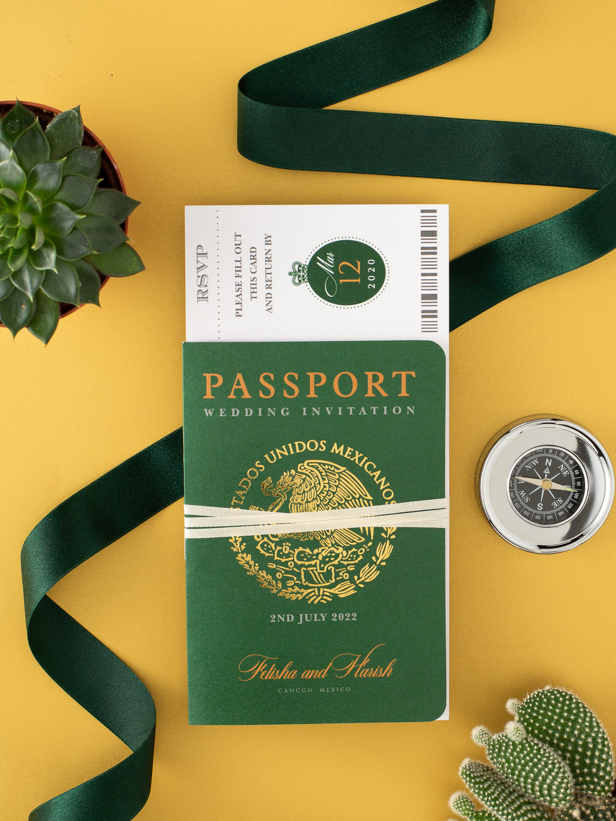 Invito a nozze con passaporto verde del Messico con vera lamina d'oro