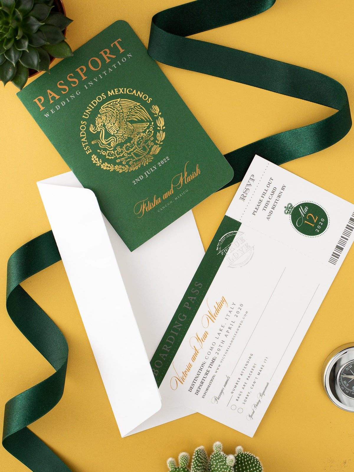 Invitation de mariage au Passport vert mexicain avec un vrai feuille d'or