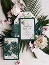 Monstera Tropical Botanic Leaf Green Laser Cut Floral Destination Wedding Invitation with Rsvp Card and Lined Envelopes