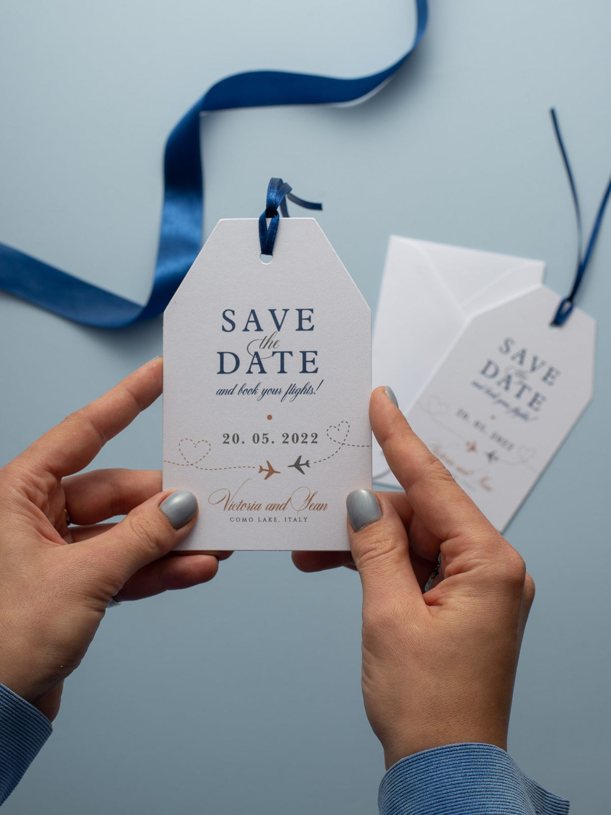 Etiqueta de equipaje de pasaporte azul marino, tarjeta para guardar la fecha, destino de viaje, boda
