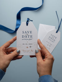 Navy Passport Luggage Tag Save the Date Card Travel Destination Wedding