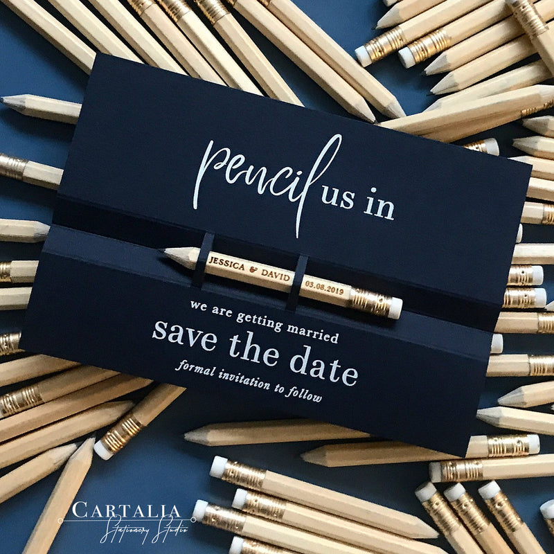 Pencil us in ✏ Save the Date Wedding Card in Dusty Grey with your names Engraved