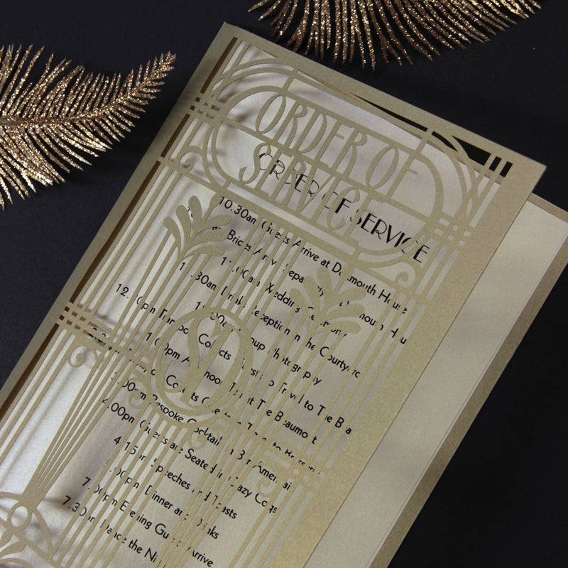 Golden Hollywood Lasercut Art Deco Grande Gatsby Laser Cut Menu apribile / Ordine di servizio