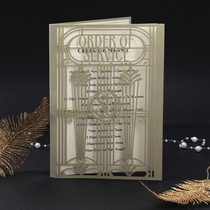Golden Hollywood Lasercut Art Deco Grande Gatsby Laser Cut Menu apribile / Ordine di servizio