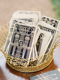 Menu apribile in stile Art Deco dorato Grande Gatsby tagliato al laser / Ordine di servizio