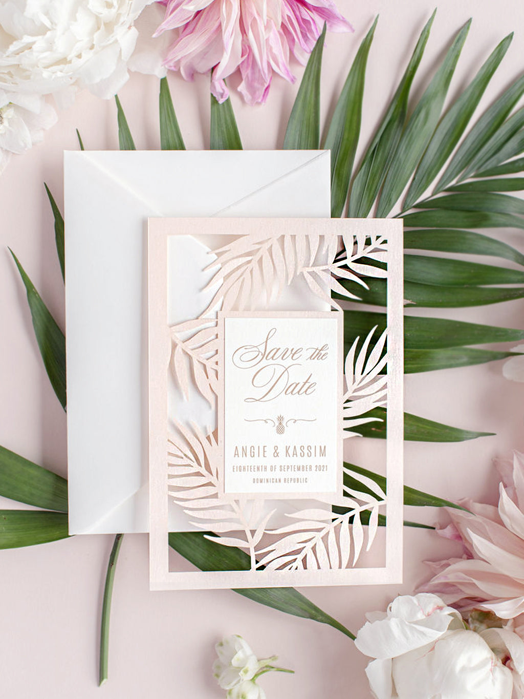 Palm Tree SAVE the Date,  Laser Cut Tropical Destination Invitation