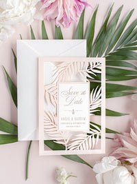 Palm Tree SAVE the Date,  Laser Cut Tropical Destination Invitation