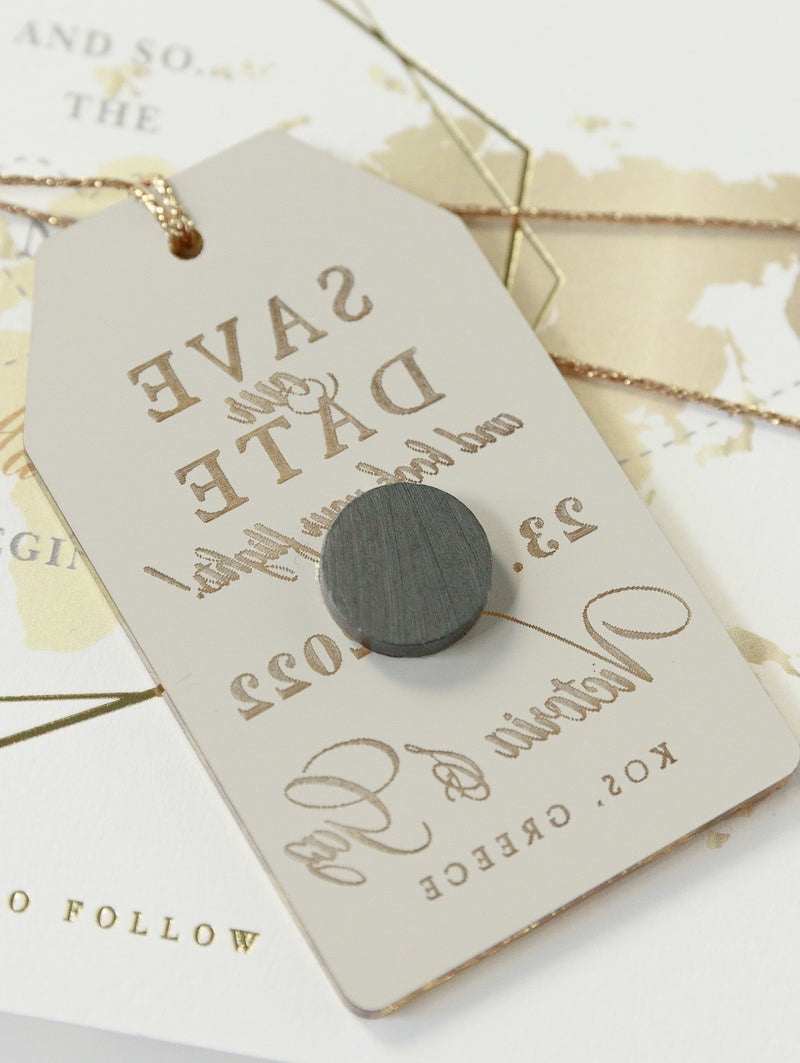 Wedding Save the Date Card with Rose Gold Plexi Mirror Luggage Magnet