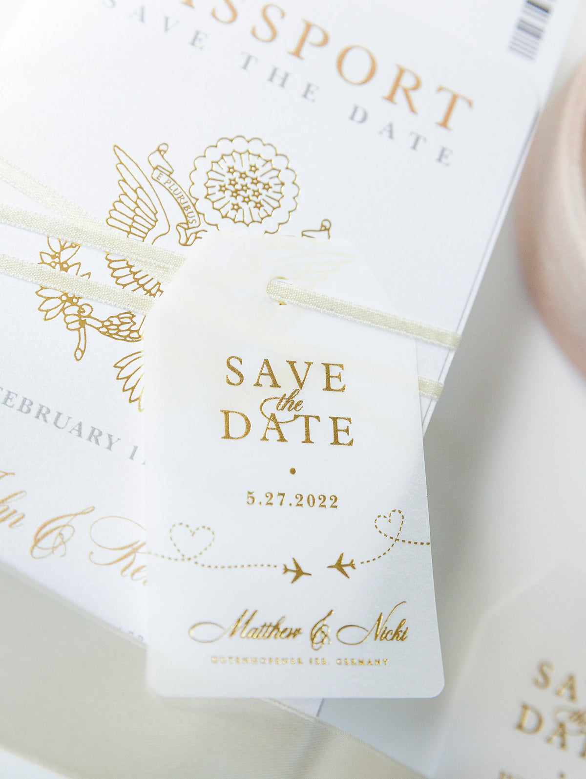 Passport Wedding Save the Date Vellum with Gold Foil Boarding Pass,Wedding Abroad, Destination Wedding, Travel Wedding, Plane Ticket