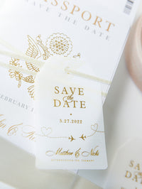 Passport Wedding Save the Date Vellum with Gold Foil Boarding Pass, Wedding Abroad, Destination Wedding, Travel Wedding, Plane Ticket