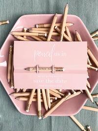 Pencil us in ✏ Save the Date Wedding Card in Dusty Pink with your names Engraved