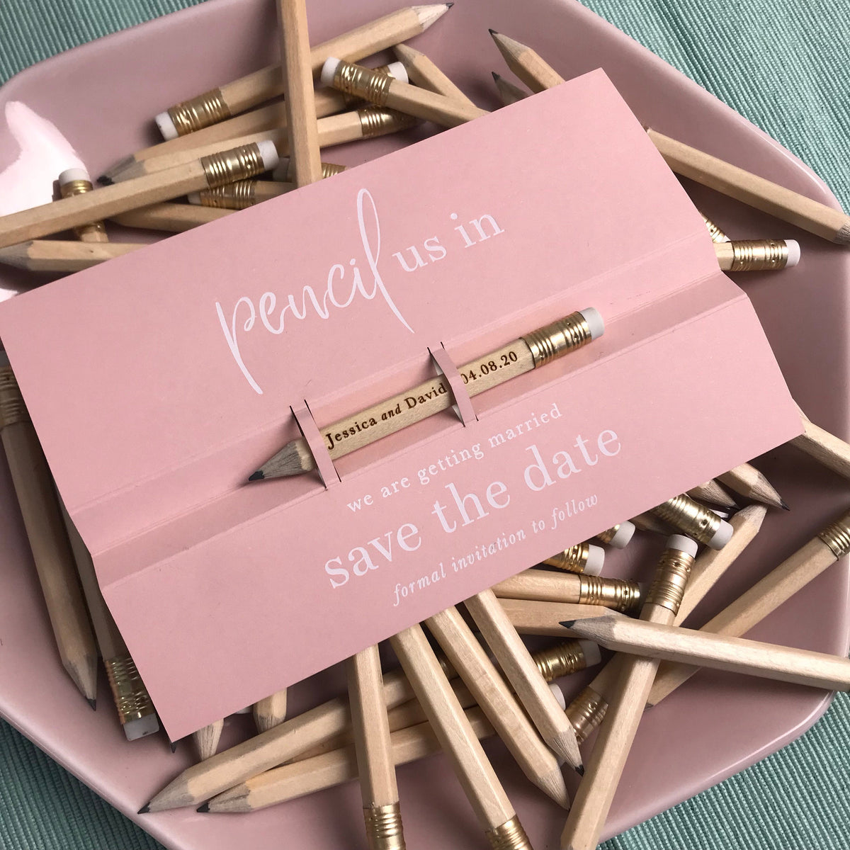 Pencil us in ✏ Save the Date Wedding Card in Dusty Pink with your names Engraved