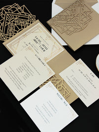 Suite de invitación de boda Art Deco cortada con láser Great Gatsby, cortada con láser, con bolsillo y 3 niveles: información para huéspedes, viajes y tarjeta de confirmación de asistencia