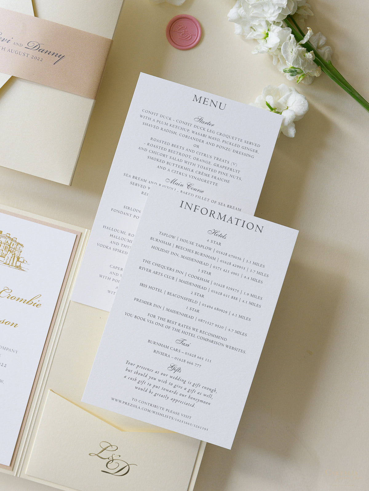 Lieu: invitations de mariage Hedsor House en poche | Commission sur mesure L&D