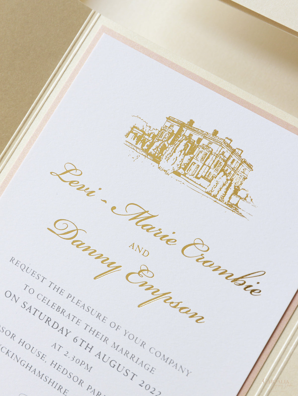 Lieu: invitations de mariage Hedsor House en poche | Commission sur mesure L&D