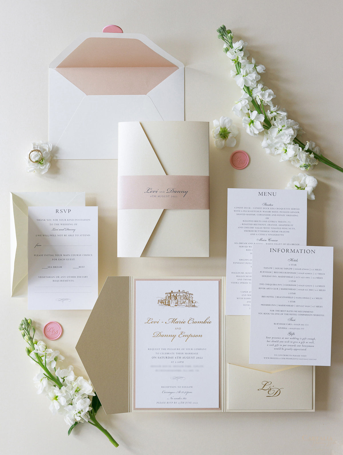 Lieu: invitations de mariage Hedsor House en poche | Commission sur mesure L&D