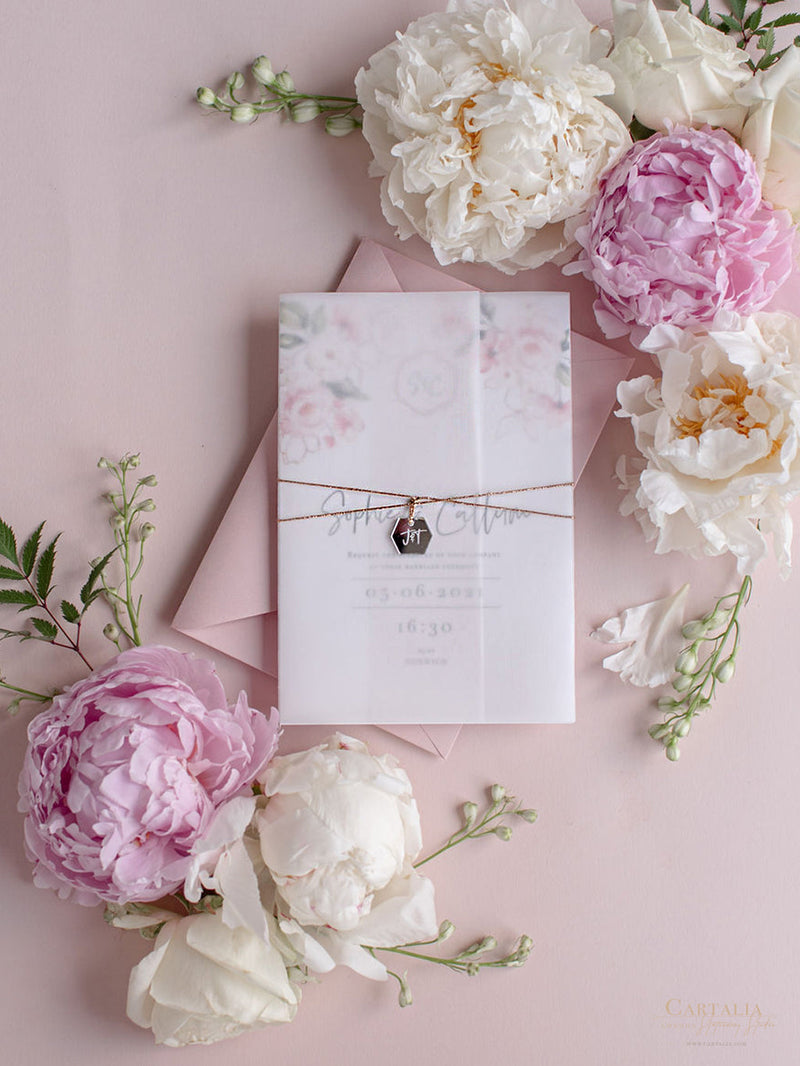 Invito per il giorno in pergamena e RSVP │Fiore di peonie rosa acquerello │ Plexiglass specchiato argento