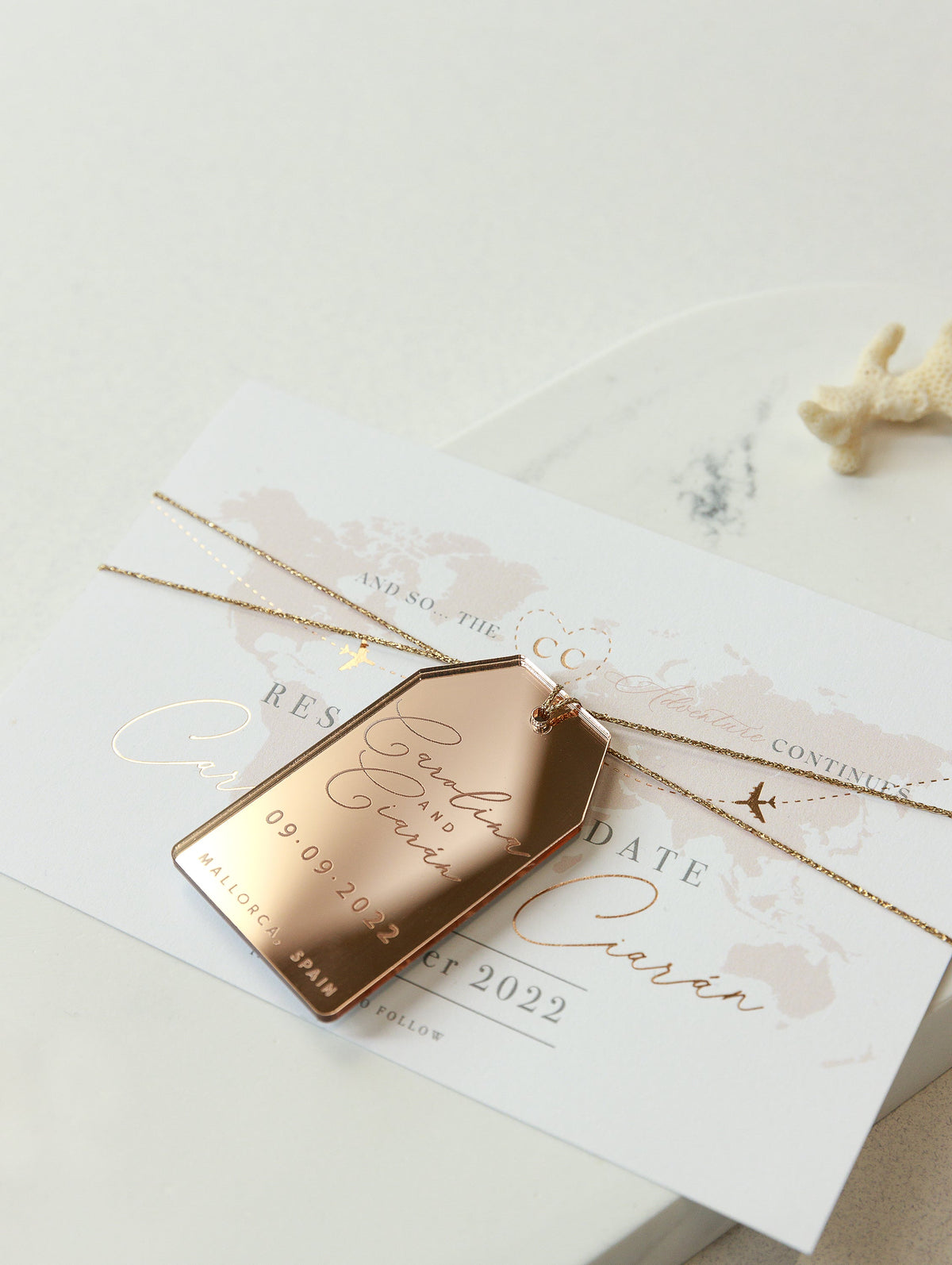 Luxury Destination Magnet in Rose Gold Mirror Plexi Save the Date Card