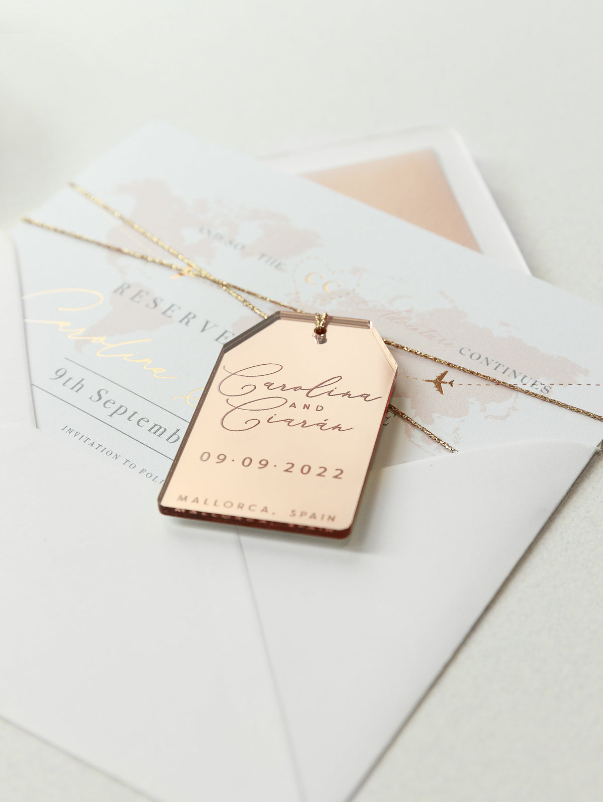 Luxury Destination Magnet in Rose Gold Mirror Plexi Save the Date Card