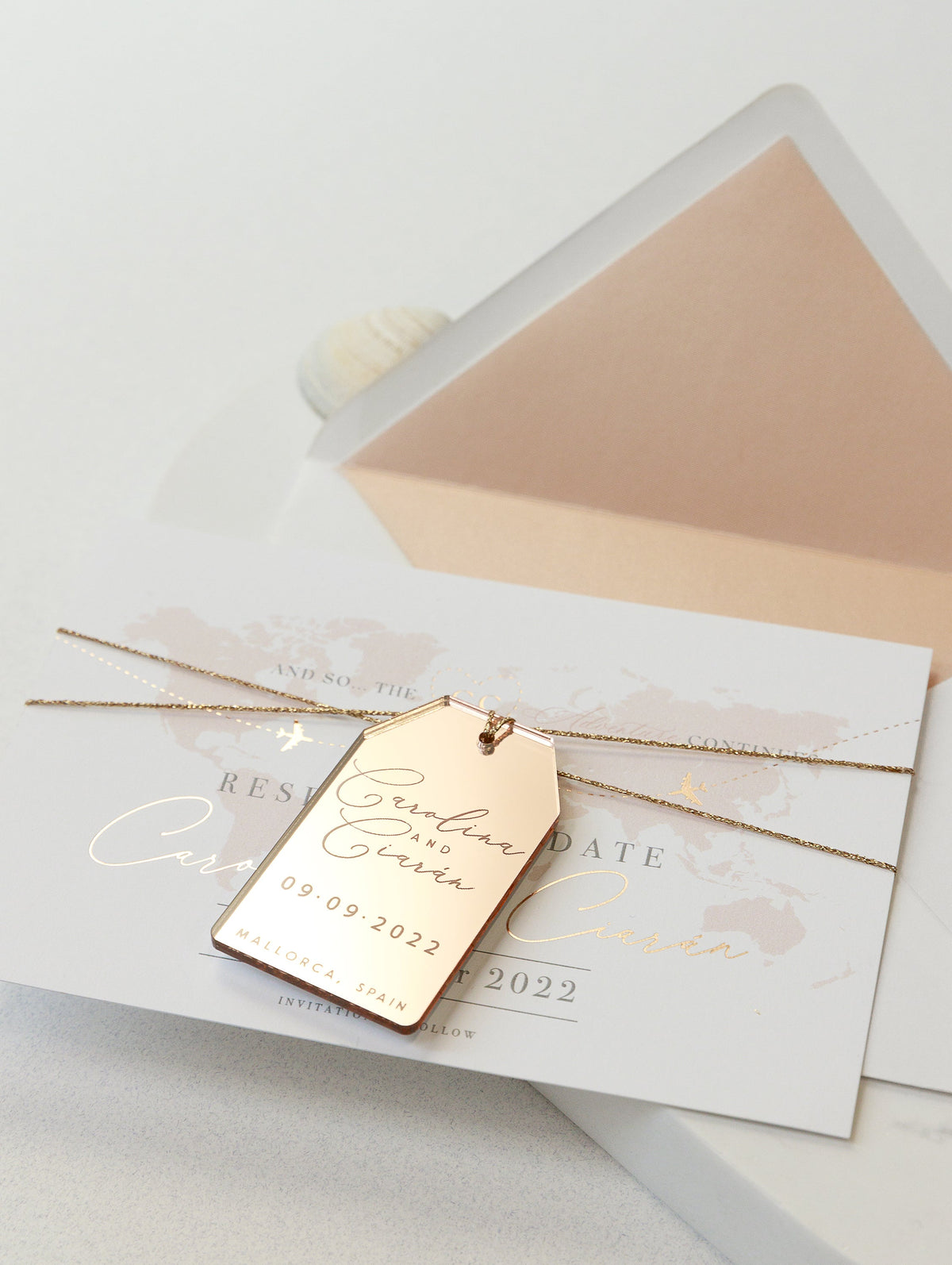 Luxury Destination Magnet in Rose Gold Mirror Plexi Save the Date Card