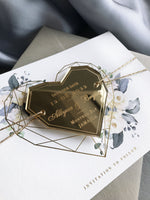 Salva la data floreale blu acciaio con magnete esagonale in plexi a forma di cuore geometrico a specchio dorato