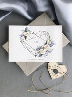 Salva la data floreale blu acciaio con magnete esagonale in plexi a forma di cuore geometrico a specchio dorato