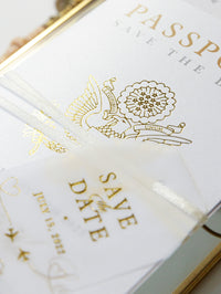 Passport Wedding Save the Date Vellum with Gold Foil Boarding Pass, Wedding Abroad, Destination Wedding, Travel Wedding, Plane Ticket