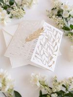 Classic Gatefold with Intricate Laser Cut Leaf and Gold Foil Lace Evening Invitation
