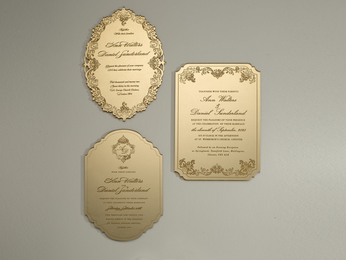 Invitation en boîte de luxe: un miroir décadent Gold Plexi Invitation de mariage - gravé