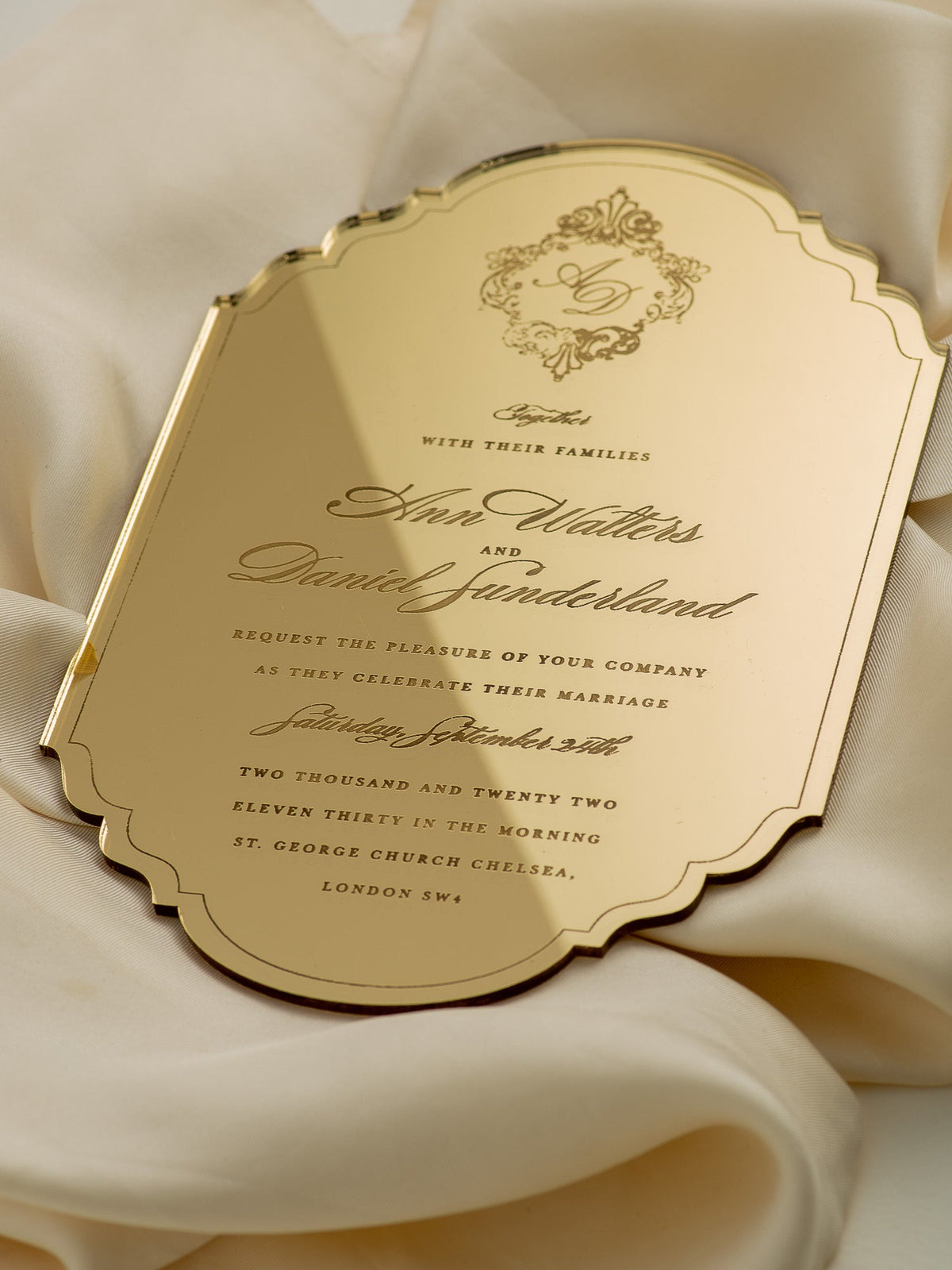 Luxury Boxed Invitation:  Monogram Frame Mirror Gold Plexi Wedding Invitation - Engraved