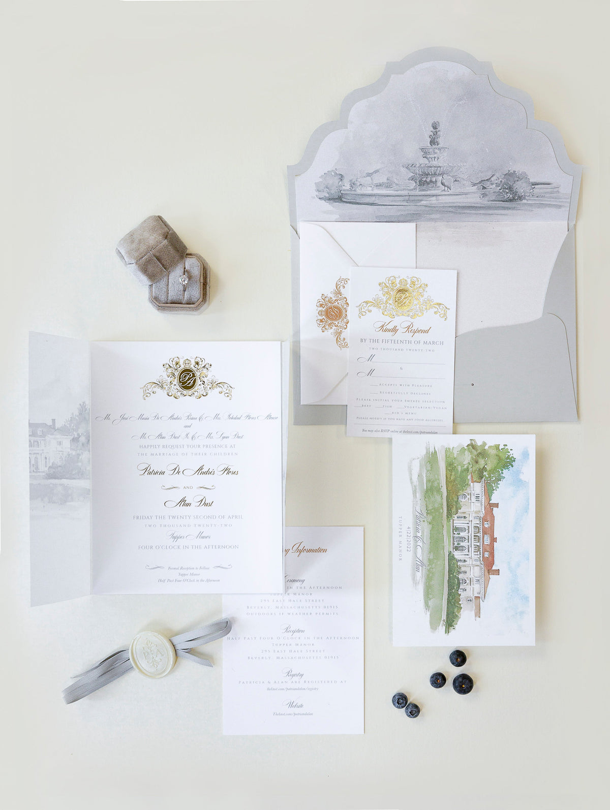 Aquarelle votre invitation de lieu sur le vélin avec la suite d'invitation de mariage de phoque en cire | ÉCHANTILLON