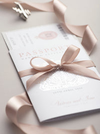 Luxury Glitter & Bow Passport Wedding Invitation in SilverGlitter Real Silver Foil