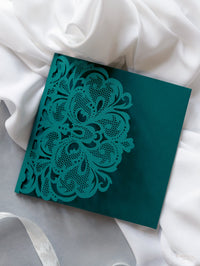 Luxury Old Gold Opulence Laser Cut Lace Pocketfold Wedding Invitation Suite with 3 Tier:  Guest Info & Travel & RSVP Card