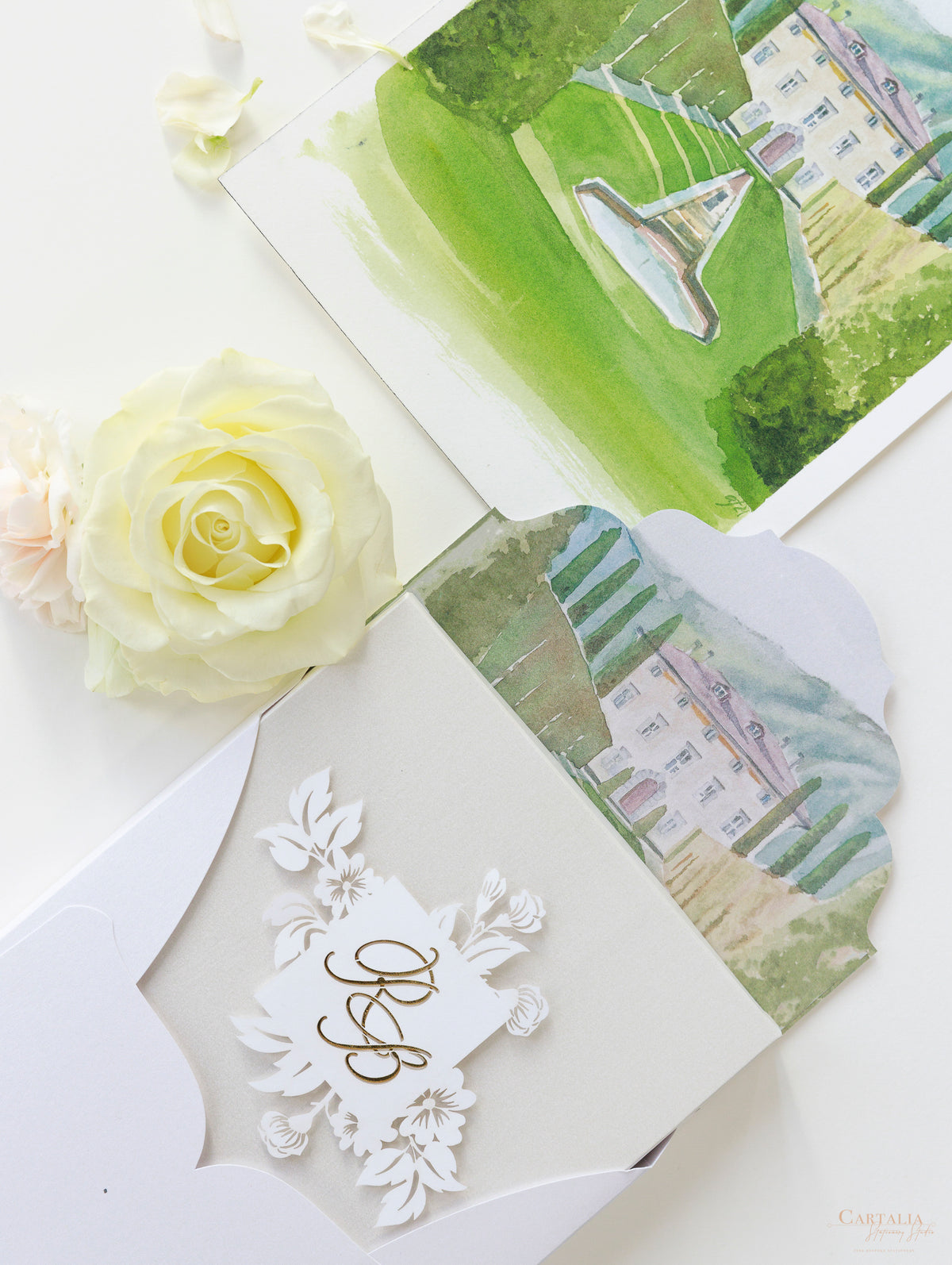Invitations de mariage de Villa Balbiano, Lake Como | Couture Baspoke Box | Commission sur mesure G&P