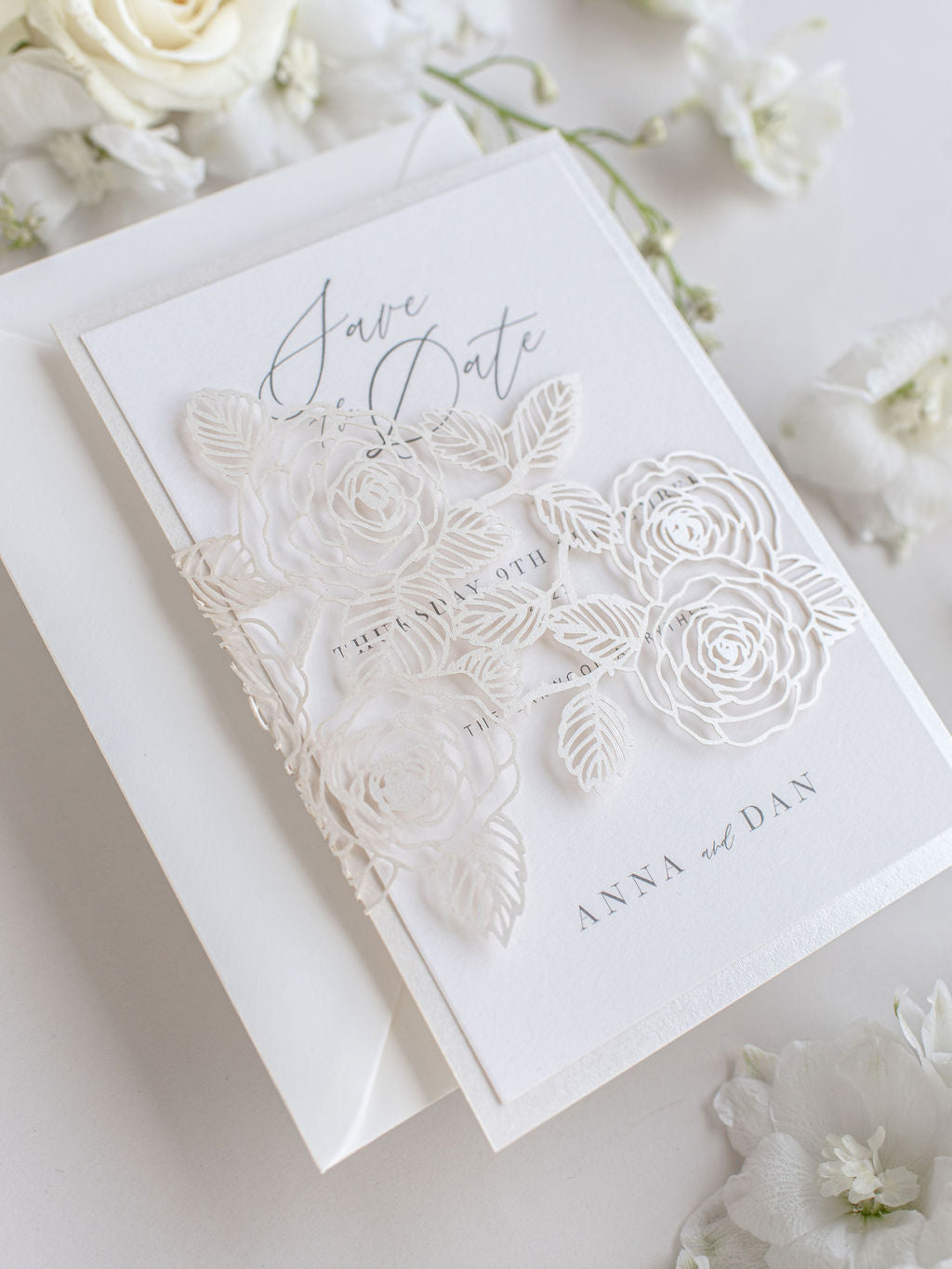 Intricate Laser Cut Rose Save the Date Wedding Card