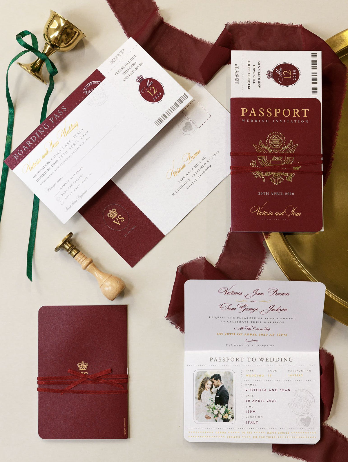 Invitation de mariage Green Passport avec feuille de bandage à bercerie RSVP