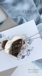 Steel Blue Floral Save the Date with Gold Mirror Geometric Heart Plexi Hexagon Magnet