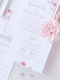 Invitación de boda estilo bolsillo floral de lujo en blanco y rosa con 4 tarjetas y papel de aluminio real