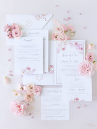 Invitation de mariage à poche florale de luxe en blanc et rose avec 4 cartes et un vrai papier d'aluminium